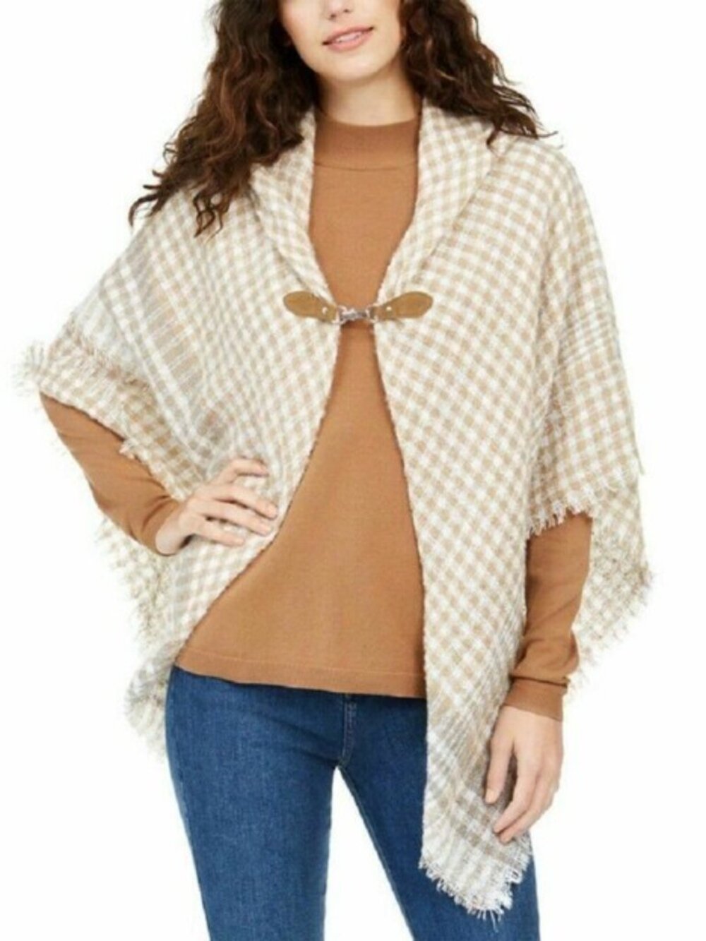 CHARTER CLUB Plaid Clip Closure Poncho Camel Tan Cream One Size NWT